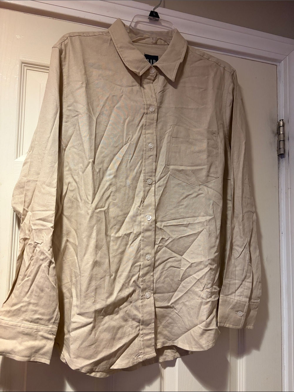 Linen Blend Long-Sleeve Button-Up Shirt in Khaki L